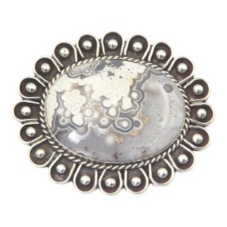Southwestern Agate Sterling Silver Sun Flower Brooch For Sale