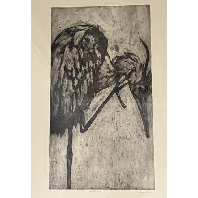 Highly detailed black and white print of "Heron" bird by Stephanie Martin. This limited edition print is #7 of only 10...