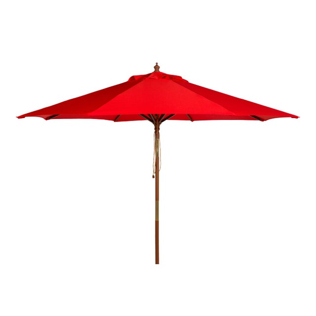 9 Ft Wooden Outdoor Umbrella in Red For Sale