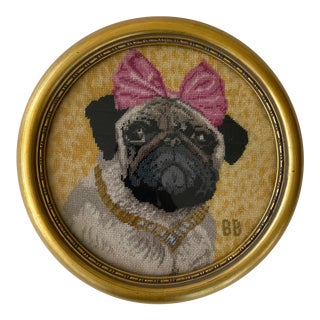 Vintage Framed Needlepoint Featuring Bejeweled Pug, Handworked by Brigid Berlin For Sale