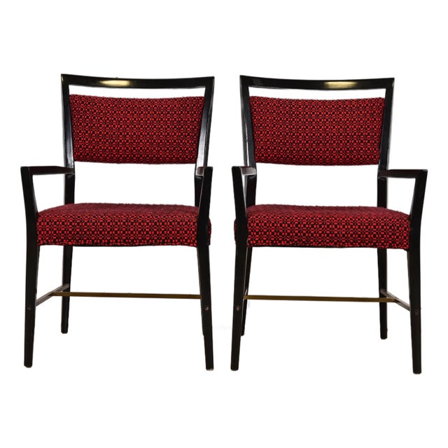 Paul McCobb Connoisseur Collection Black Lacquered Mahogany and Brass Armchairs, Pair For Sale