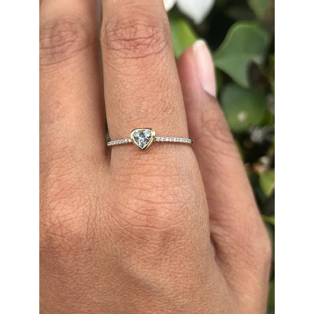 Art Deco Dainty Heart Cut Aquamarine and Diamond 14k Solid Yellow Gold Ring Size 7 ( All Sizes Available) For Sale - Image 3 of 12