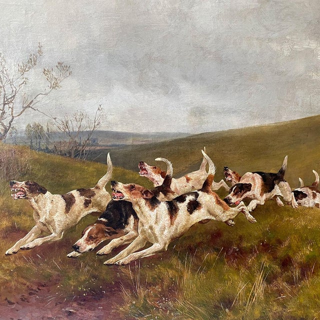 DETAILS An antique hunting scene with fox hound dogs cresting a hill, in pursuit of game with riders on horseback...