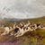 DETAILS An antique hunting scene with fox hound dogs cresting a hill, in pursuit of game with riders on horseback...