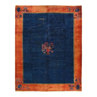 Early 20th Century Antique Navy Blue Chinese Art Deco Rug For Sale
