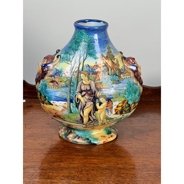 Traditional Antique Italian Renaissance Revival Hand Painted Maiolica Vase With Winged Putti Handles, C. 1920-1940 For Sale - Image 3 of 8