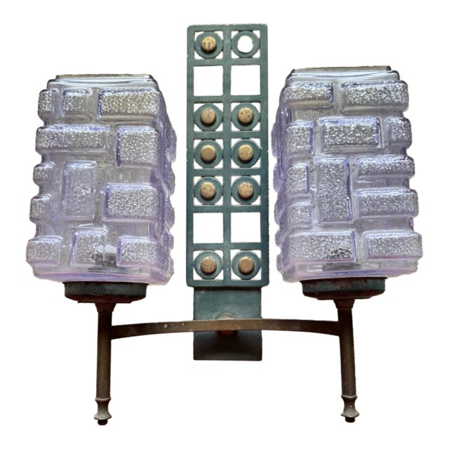 Early 20th Century Art Deco Modernist Bronze Steel Amethyst Consolidated Art Glass Sconce For Sale