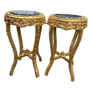 1990 French Louis XVI Gold Beech Marble Side Tables -Pair For Sale