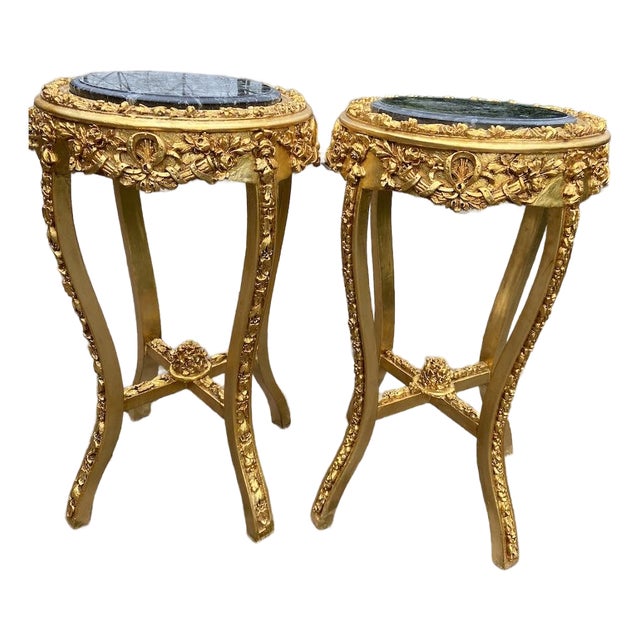 1990 French Louis XVI Gold Beech Marble Side Tables -Pair For Sale