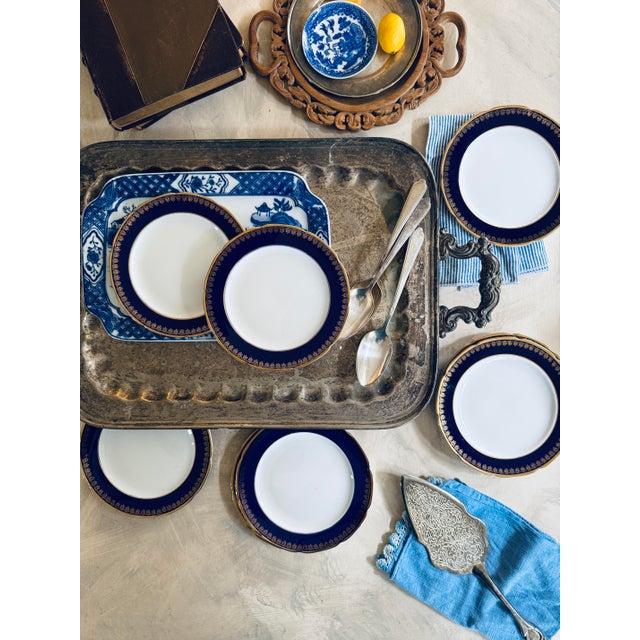 Noritake Vintage Noritake Kokura Ware Cobalt Blue and Gold Rim 6.25 Inch Dessert Plates – Hand Painted Japan - Set of Eight (8) For Sale - Image 4 of 12