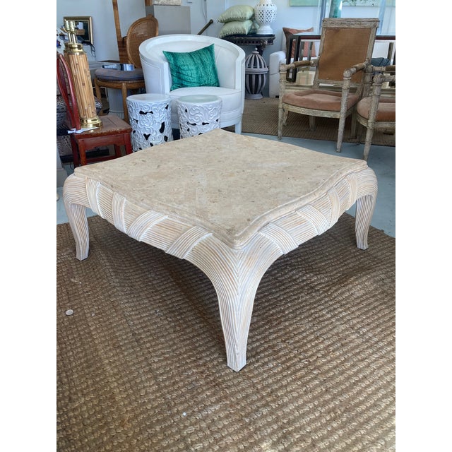 Off-white Gabriella Crespi Pencil Reed Rattan Coffee Table With Inset Tessellated Stone Top For Sale - Image 8 of 10