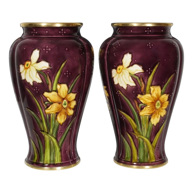 Pair of Large Antique French Sevres Optat Milet Ceramic Vases Art Nouveau Flowers Purple Ground For Sale