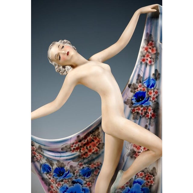 Art Deco Nocturno Nude Dancer Posing with Shawl from Goldscheider, Vienna, Austria, 1939 For Sale - Image 4 of 6
