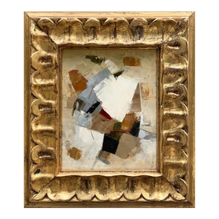 Neutral Abstract Oil Painting in Vintage Distressed Gold Frame For Sale
