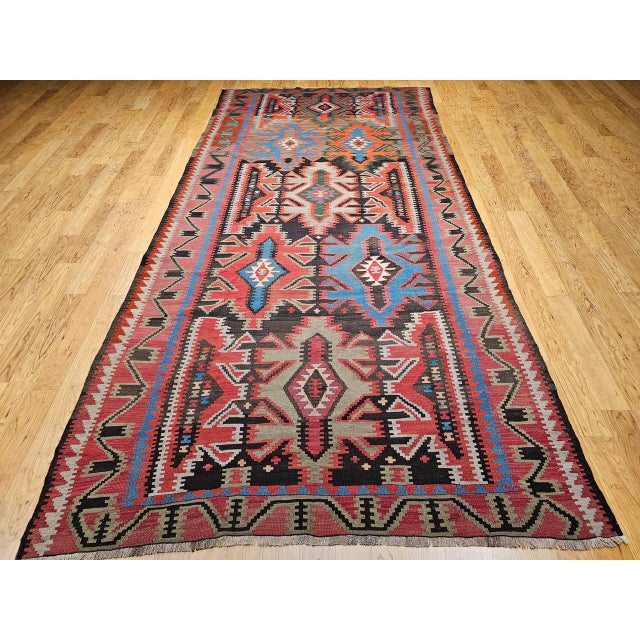 Antique Caucasian Kazak Kilim, Handwoven Wool, Geometric Design, Terracotta & Turquoise, 6' x 11' For Sale - Image 16 of 18