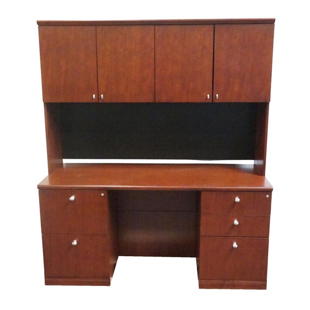 Contemporary Bernhardt Furniture Cherry Contemporary Modern 60" Computer Credenza Desk W. Filing Cabinets and Cabinet Top For Sale - Image 3 of 16