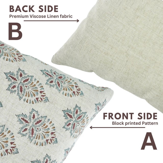 Fabdivine Floral Block Print Pillow Cover 20x20 Inch Viscose Linen-Samrat For Sale - Image 4 of 5