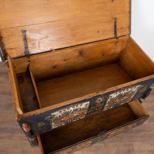 Folk Art 19th Century Hungarian Pine Trunk With Original Hand Painted Decoration and Drawer For Sale - Image 3 of 18