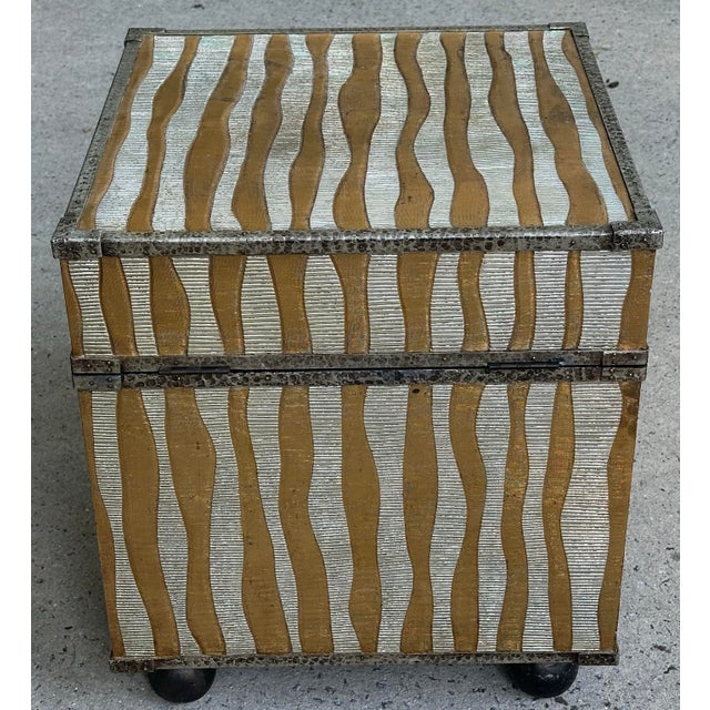 Sarreid Ltd. Sarreid Style Silver and Gold Tin Covered Trunk Drinks Table With Button Feet and Paper Lined Interior For Sale - Image 4 of 12