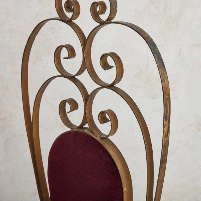 Metal Bordeaux Velvet + Gilded Iron Sculptural Side Chairs, 20th Century - A Pair For Sale - Image 7 of 11