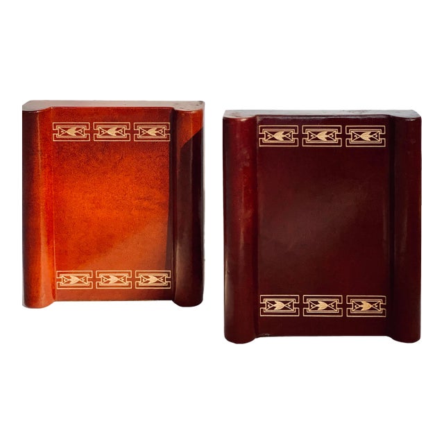Vintage 1960’s Leather Bookends With Debossed Gold Accents- a Pair For Sale