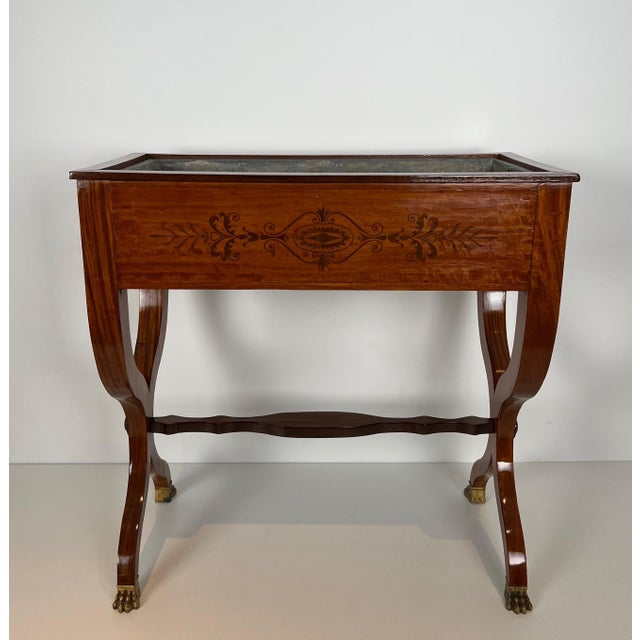 This beautiful decorative planter is made of fine wood marquetry inlaid with amaranth, with a zinc tray, an "X" shaped...