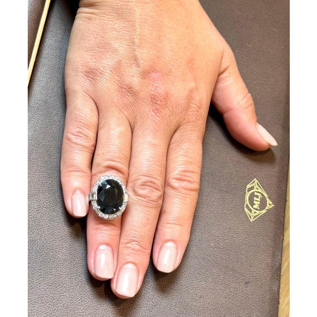 10.96 Ct Mid Night Blue Sapphire & 1 Ct Diamond Cocktail Ring, Platinum, Estate For Sale - Image 13 of 18