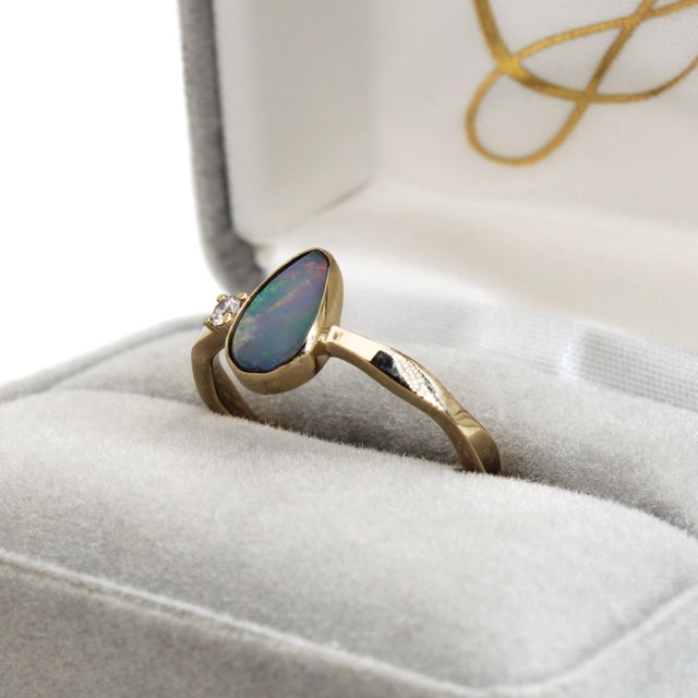 Metal Australian Boulder Opal Ring With a Diamond Accent in Solid 14k Yellow Gold, Size 6.75 For Sale - Image 7 of 9