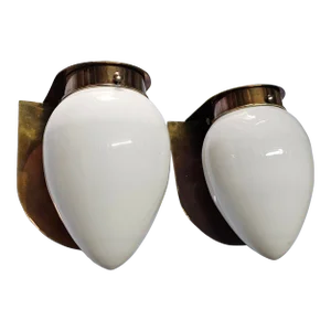 Pair of Vintage Art Deco Wall Sconces Fixture Brass & Milk Glass Shade Lamp Ship Light