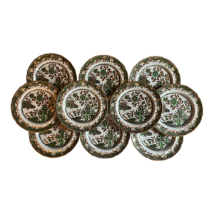 Antique 19th Century Spode Chinoiserie Ironstone Dinner Plates in Green & Black With Gold - A Set of 10