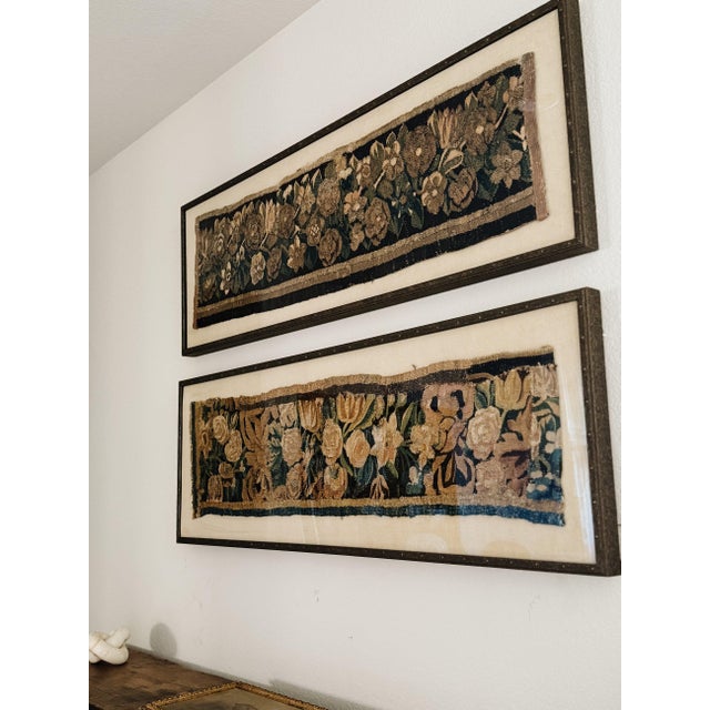 Sold individually. A remarkable pair of 18th-century Aubusson tapestry fragments, each handwoven in France and now...