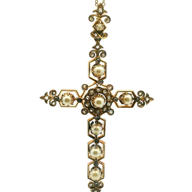 Victorian 14k Rose Gold Pearl & Old Mine Diamond Cross Pendant, C. 1890 For Sale - Image 10 of 13