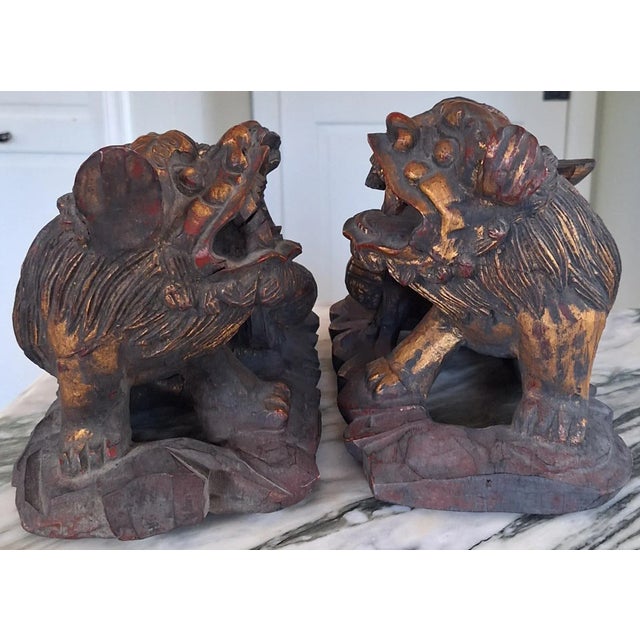 Red Antique Hand-Carved Chinese Guardian Lions or Foo Dogs - a Pair For Sale - Image 8 of 11
