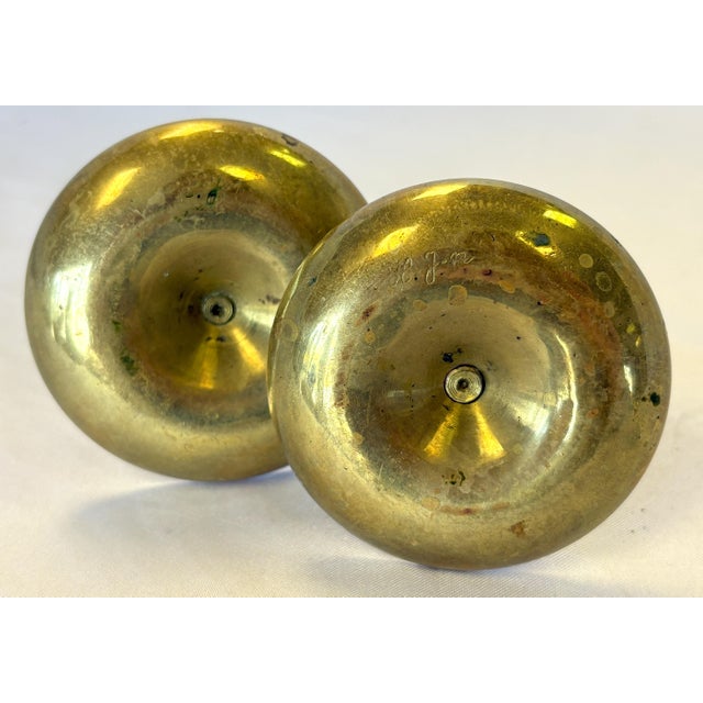 Signed Antique Brass Adjustable Height Push-Up Candleholders- A Pair For Sale - Image 9 of 10