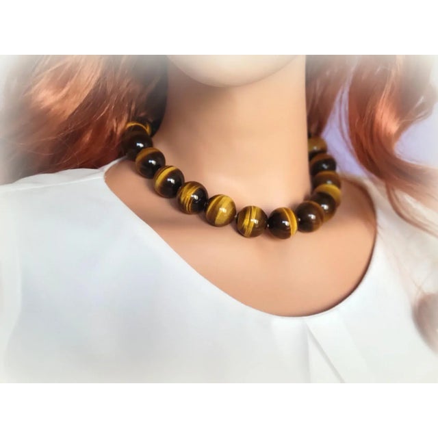 Brown Natural Tiger's Eye Statement Necklace With Large Hand-Knotted Gemstone Beads & Sterling Silver Clasp For Sale - Image 8 of 9