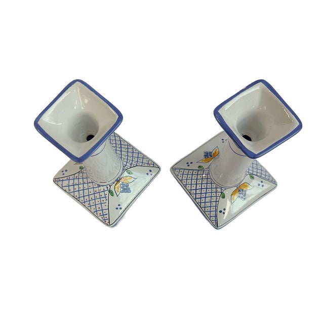 Tiffany and Co. Vintage Tiffany & Co. Hand-Painted Portuguese Blue and White Candlesticks - A Pair For Sale - Image 4 of 7