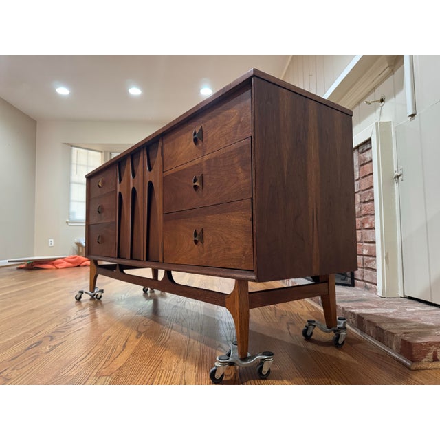 Broyhill 1960s Mid Century Modern Broyhill Brasilia Lowboy Walnut Triple Dresser For Sale - Image 4 of 9