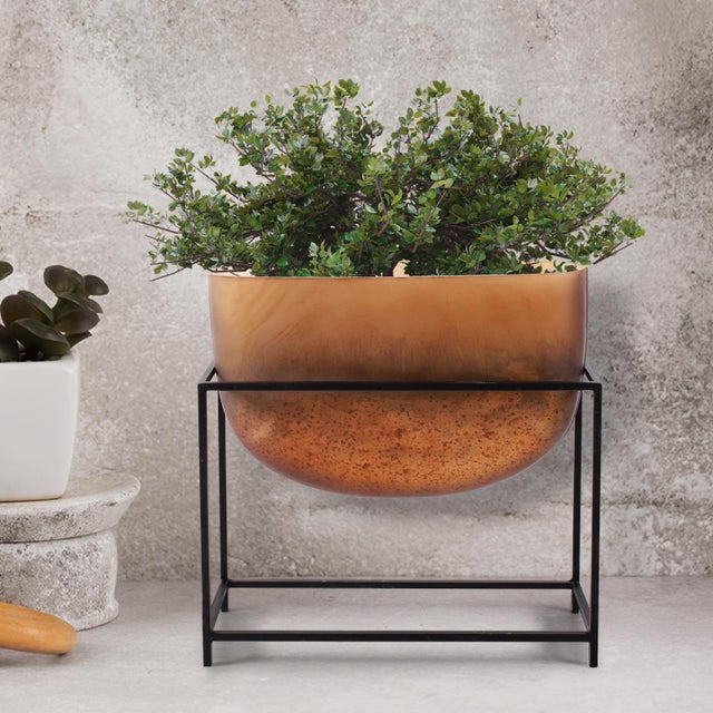 Bronze Euler Wide Mouth Vase with Black Iron Stand- Short For Sale - Image 11 of 11
