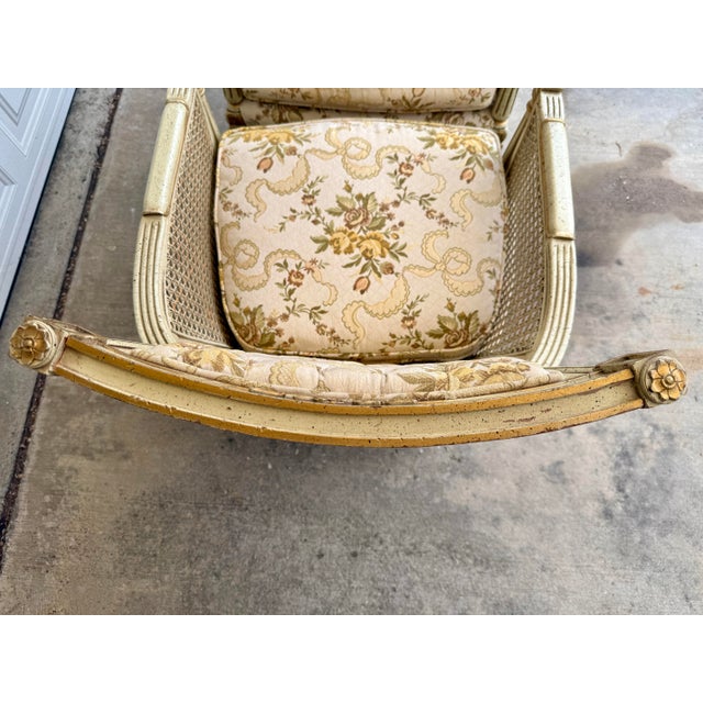 1950s Pair of Hibriten Chair Co. Louis XVI-Style Bergère Armchairs | Cream & Gilt | Cane Sides | Floral Brocade | Lenoir Nc For Sale - Image 10 of 12