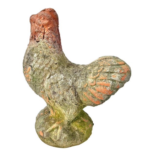 Vintage Weathered Terracotta Rooster Garden Statue With Moss Patina For Sale