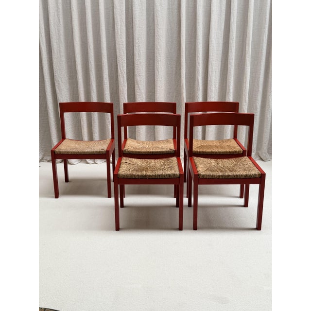 1960s Red Stained Oak and Cane Chairs by Gerard Geytenbeek for ASZ Meubelen, Netherlands, 1960s, Set of 5 For Sale - Image 5 of 16