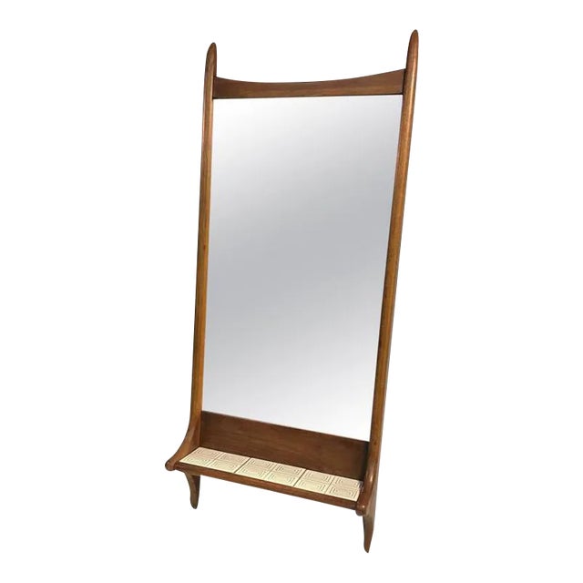 Vladimir Kagan Style Sculptural Mid Century Modern Mirror With Tile Shelf For Sale