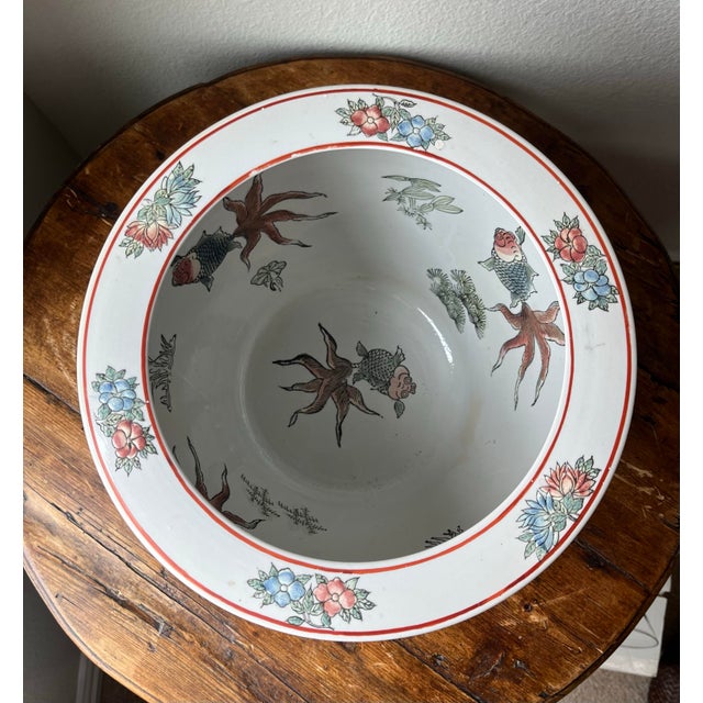 Asian Vintage Asian Koi Fish and Bird With Floral Design Planter Cache Pot For Sale - Image 3 of 9