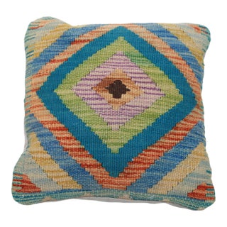 Arteverk Handwoven Afghan Kilim Pillow — Blue & Teal Diamond Medallion For Sale
