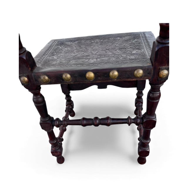 Brass Six - 18th Century Portuguese Carved Walnut Chairs With Brass Finial Toppers and Brass Studs For Sale - Image 8 of 12