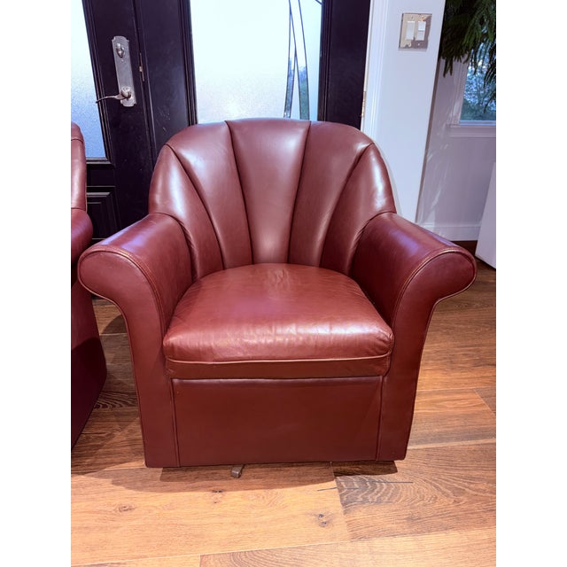 1980s Pair of Vintage Hancock & Moore Burgundy Leather Swivel Lounge Chairs With Matching Ottomans, 1988 For Sale - Image 5 of 18