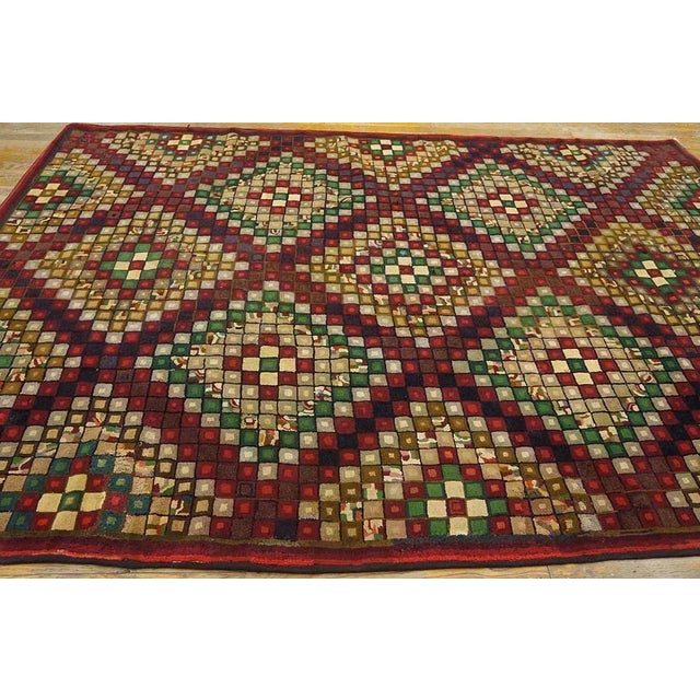 Striking Red Ground Color With Multicolor Diamond Design Antique American Hooked Rug For Sale In New York - Image 6 of 10