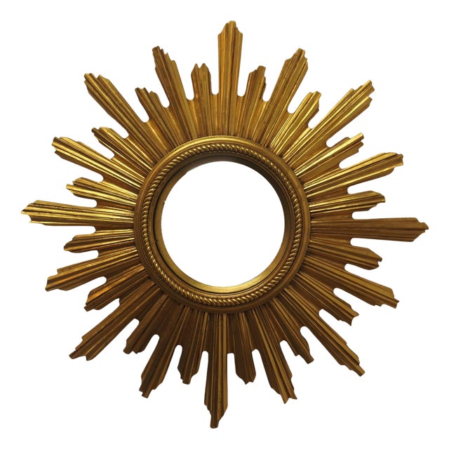 Mid-Century Art Deco French Sunburst Gilt Convex Mirror, 1980s For Sale
