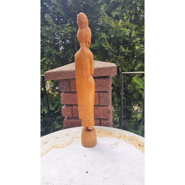 Khaki Vintage Wooden Carved Thai Woman Wai, 1970s For Sale - Image 8 of 13