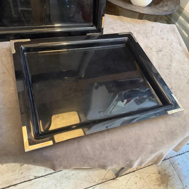 Set of Two 1970s Mid-Century Modern Black Lucite and Brass Barware Trays For Sale - Image 12 of 14